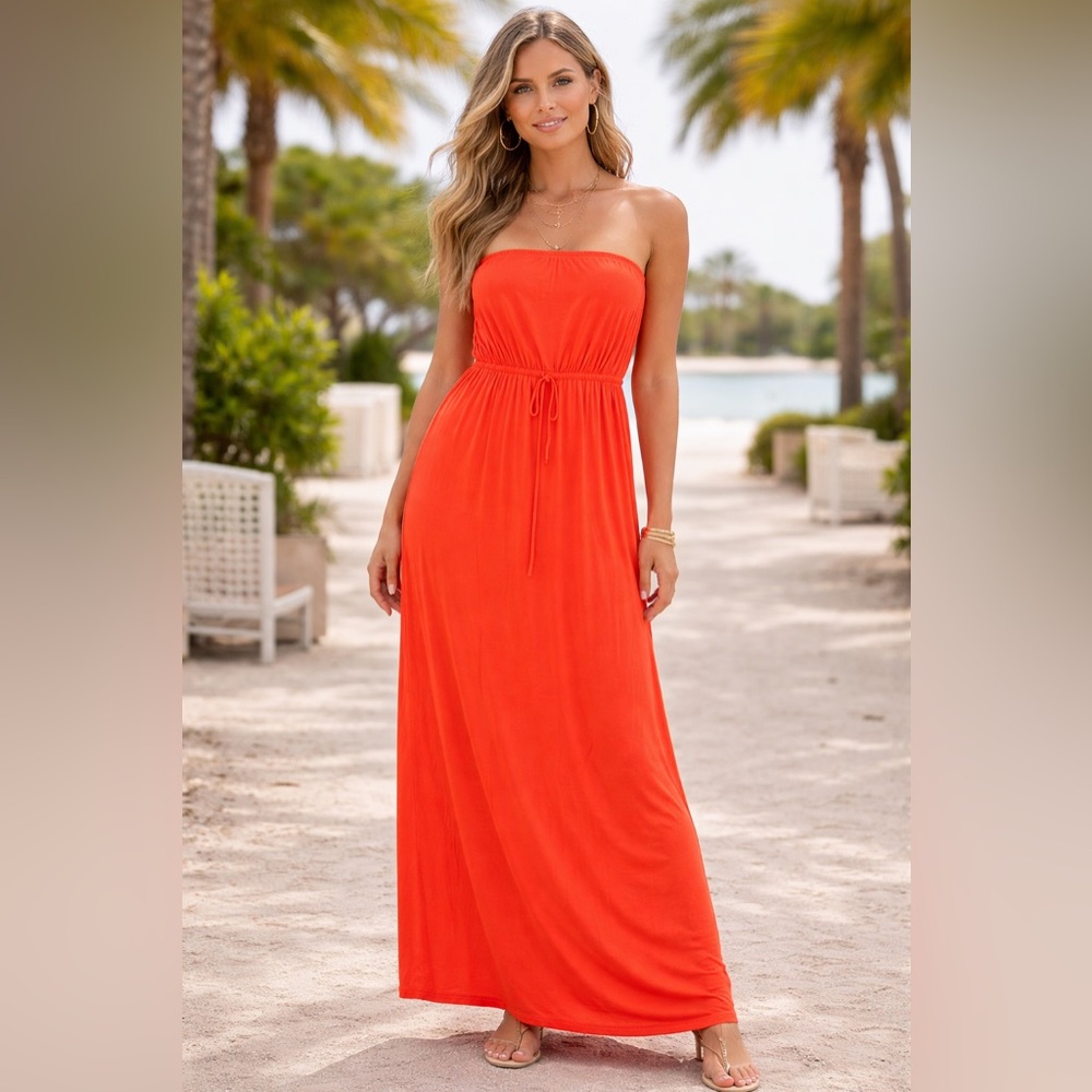 Old Navy Maxi Dress Womens Size Large Orange Solid  Vacation Cruise Resort